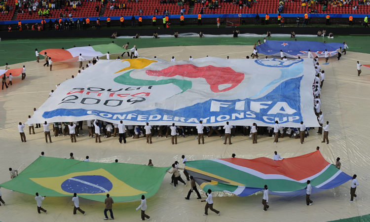 Das Logo der Fußball WM 2010 in Südafrika bei der Eröffnungsfeier (Foto AFP)