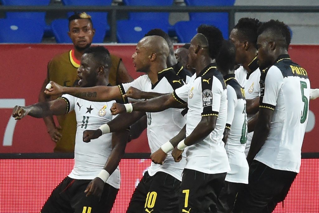 Ghanas Spieler feiern ein Tor während des Viertelfinalspiels des Afrikanischen Nationen-Pokals 2017 zwischen der DR Kongo und Ghana in Oyem am 29. Januar 2017. / AFP PHOTO / ISSOUF SANOGO