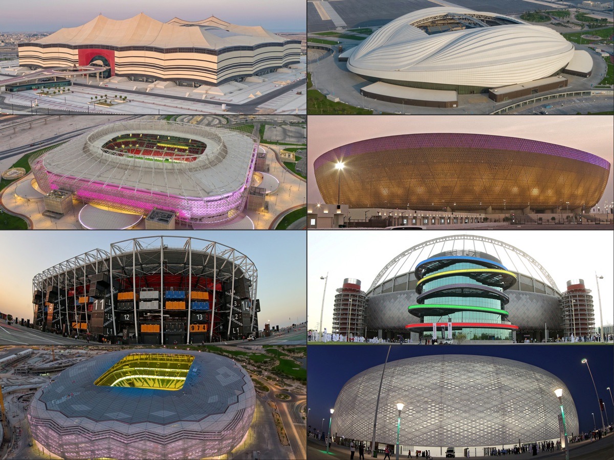 (COMBO)Das Foto zeigt Außenansichten von (von links nach rechts) dem Al-Bayt-Stadion in al-Khor am 26. August 2020; dem Al-Janoub-Stadion in der katarischen Hauptstadt Doha am 20. November 2020; das Ahmad-Bin-Ali-Stadion in der katarischen Stadt Ar-Rayyan am 22. November 2021; das Lusail-Stadion am Stadtrand von Doha am 2. September 2022; das 974-Stadion in Doha am 7. Dezember 2021; das Khalifa-International-Stadion in Doha am 19. Mai 2017; das Education-City-Stadion in der Stadt al-Rayyan am 29. April 2020; und das Al-Thumama-Stadion in Doha am 22. Oktober 2021. (Foto von KARIM JAAFAR / verschiedene Quellen / AFP) Übersetzt mit www.DeepL.com/Translator (kostenlose Version)