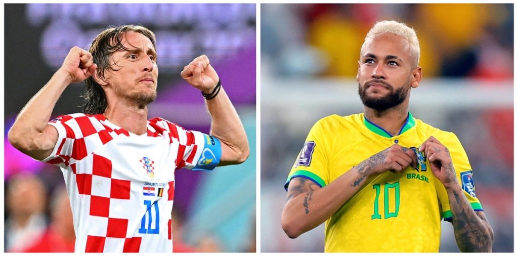 Das Topduell heute: Der kroatische Mittelfeldspieler (Nr. 10) Luka Modric (L) 022, gegen den brasilianischen Stürmer (Nr. 10) Neymar - Kroatien und Brasilien werden am 9. Dezember in einem der Viertelfinale der Fußballweltmeisterschaft Katar 2022 aufeinander treffen. (Foto von Gabriel BOUYS und Odd ANDERSEN / AFP)