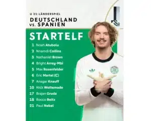 Die deutsche Startelf: Atubolu - Collins, Brown, Arrey-Mbi, Rosenfelder, Martel, Knauff, Woltemade, Gruda, Reitz, Nebel.