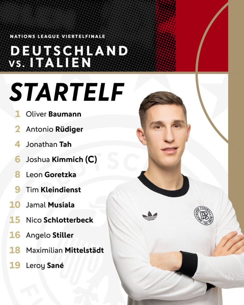 Die deutsche Startaufstellung gegen Deutschland: 1 Baumann - 4 Tah, 2 Rüdiger, 15 Schlotterbeck - 6 Kimmich, 16 Stiller, 8 Goretzka, 18 Mittelstädt - 19 Sané, 10 Musiala - 9 Kleindienst