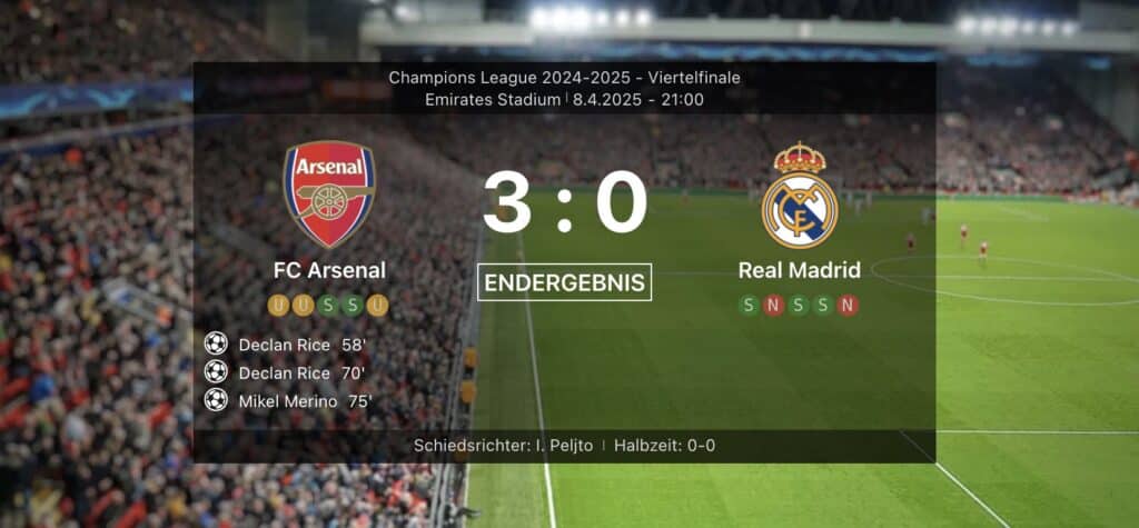 Fußball heute Ergebnis: 3:0 FC Arsenal gegen Real Madrid am 8.4.2025